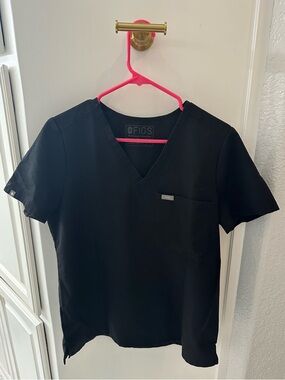 Figs Black V-Neck Scrub Top with Chest Pocket